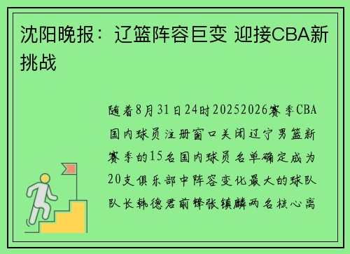 沈阳晚报：辽篮阵容巨变 迎接CBA新挑战